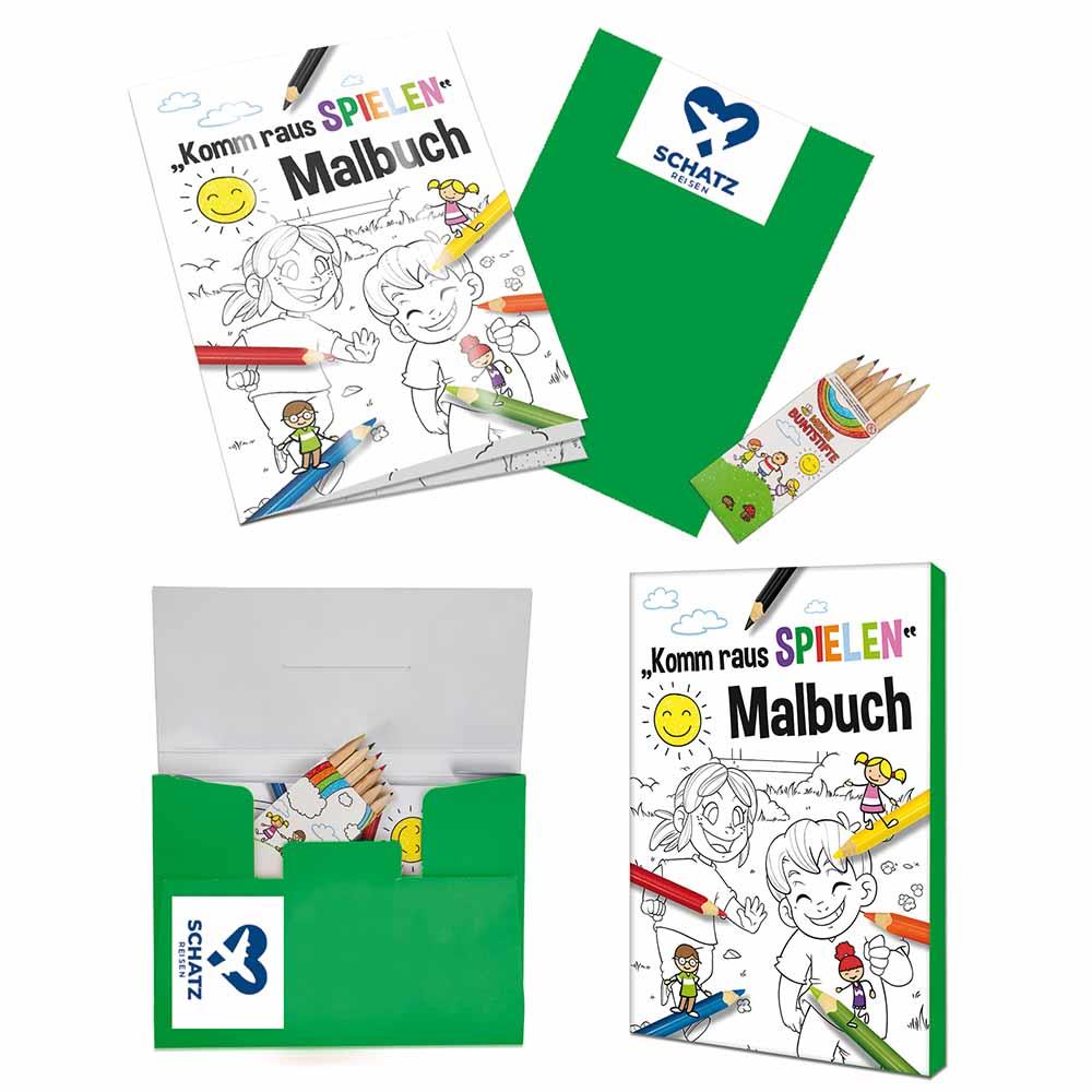 Malbuch / Mal-Set A6 - Komm-raus-spielen - Malset mit 1-c Logoeindruck