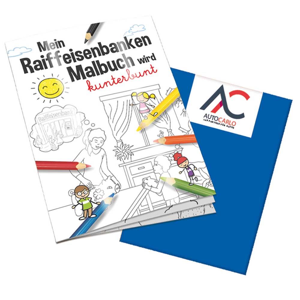 Malbuch / Mal-Set A6 - Raiffeisenbanken - Malbuch mit 2-c Logoeindruck