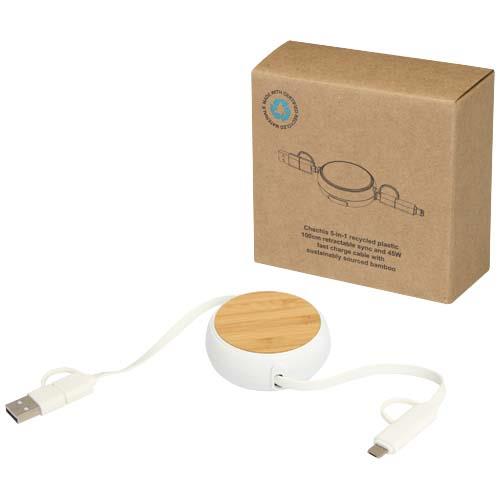 Chechia 100cm 5-in-1 Kabel aus recyceltem Kunststoff, einziehbar, für Datenübertragung und 45W Schnellladung mit Bambusdetail