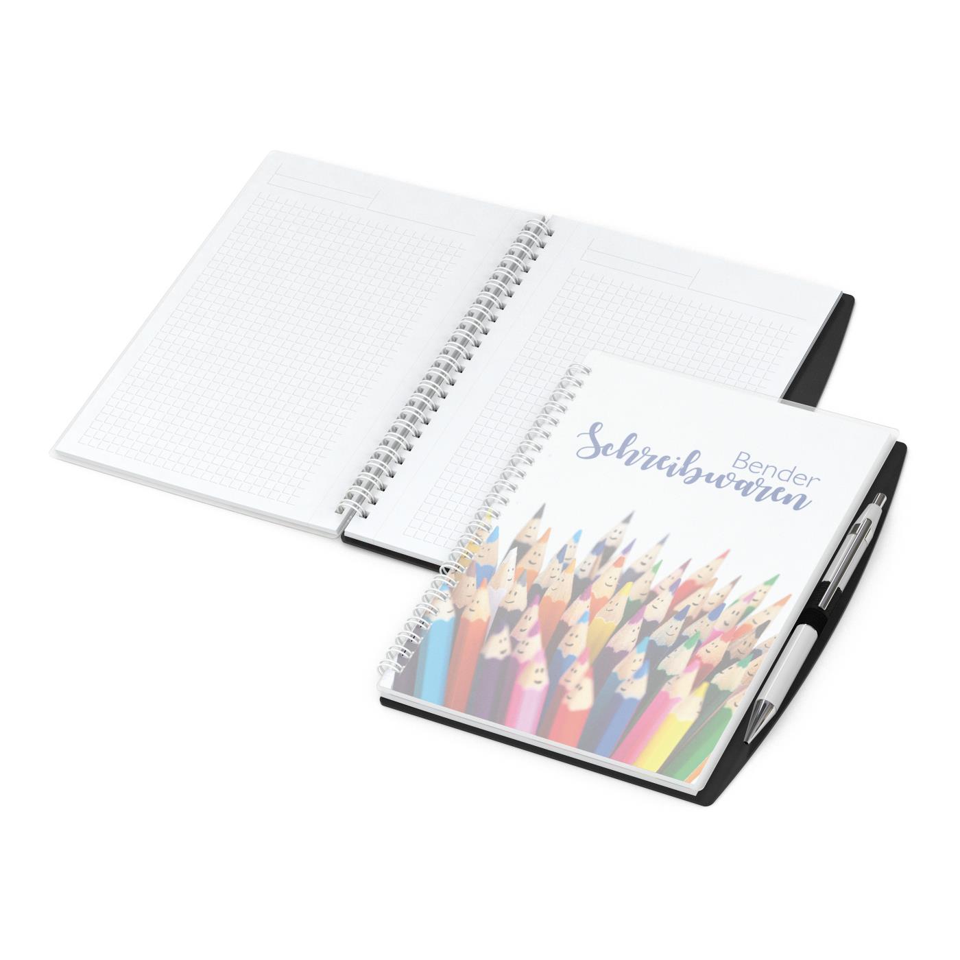 Notizbuch Spiralbindung Pen-Book Stiftschlaufe Titel individuell bedruckt