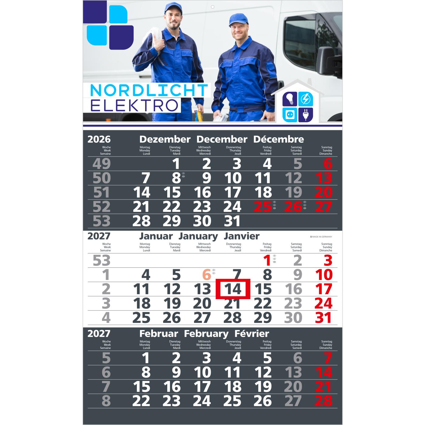 3-Monatskalender Einblatt Solid 3 Schrift fett