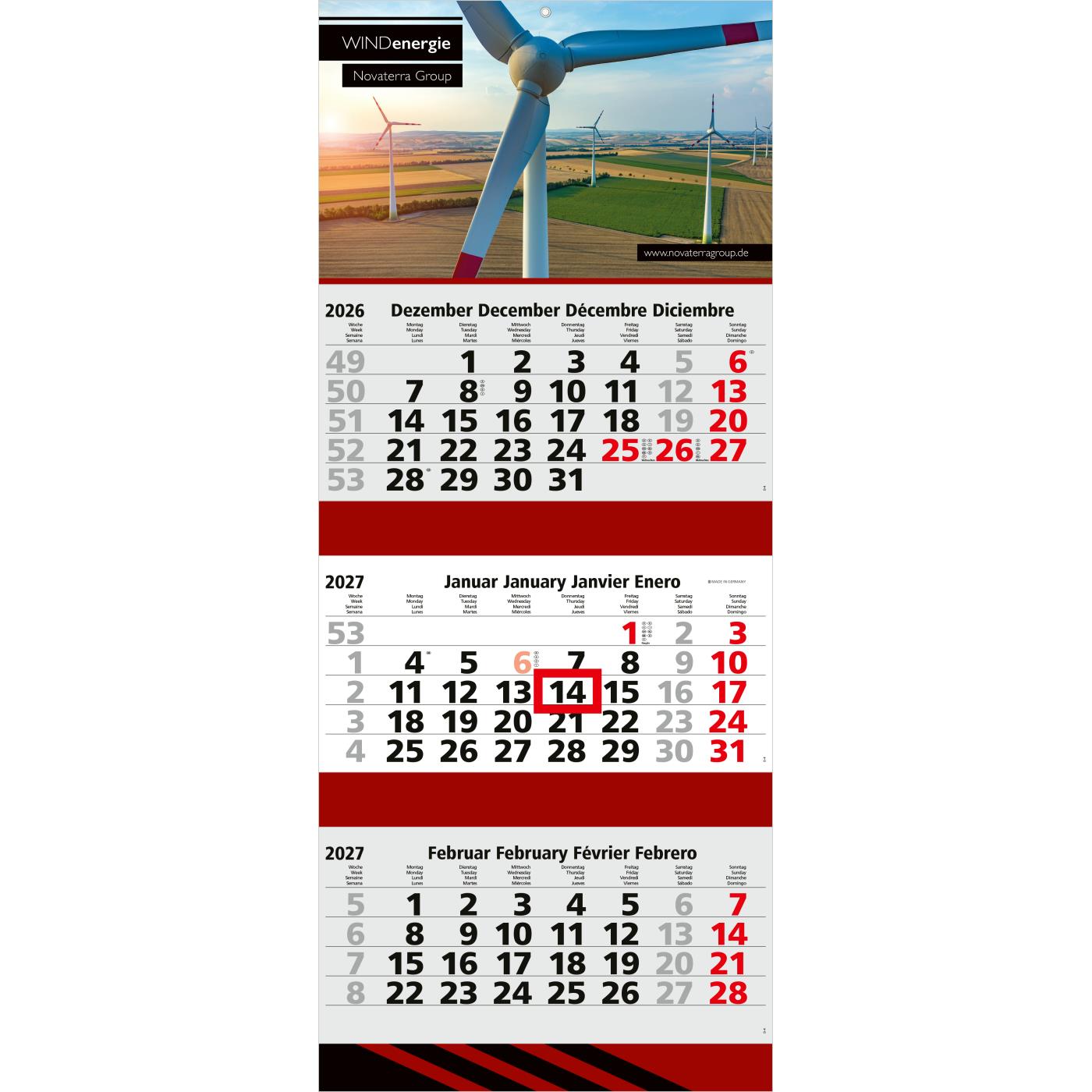 3-Monatskalender Mehrblock Maxi 3 Post Extra-Breite 335 mm