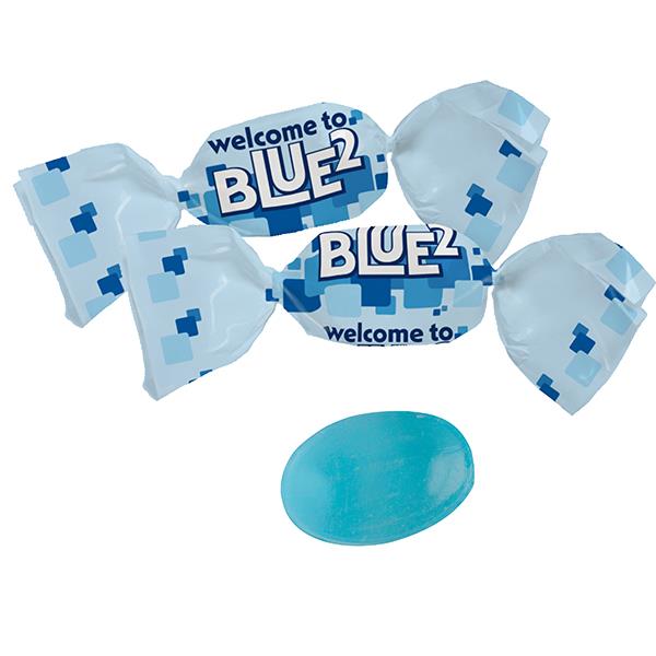 Blaues Bonbons im kompostierbaren Werbewickel