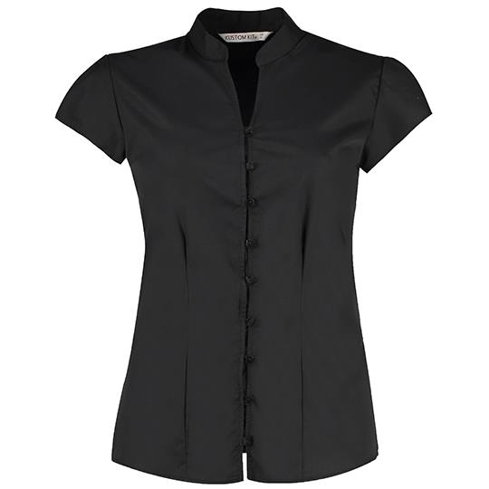 Tailored Fit Mandarin Collar Poplin Blouse Cap Sleeve