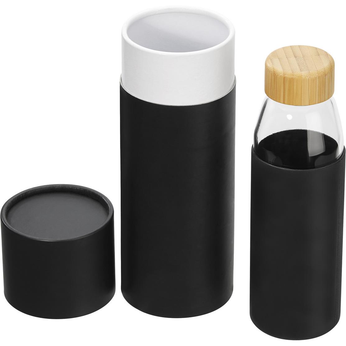 Hitzebeständige Glas-Trinkflasche 0,5 l mit Bambusdeckel, Silikonmanschette und Geschenkbox