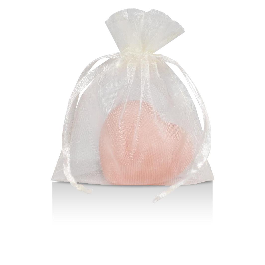 Herzseife ´Pfingstrose´ im Organza-Säckchen, inkl. 4c-Einleger 4/4-farbig