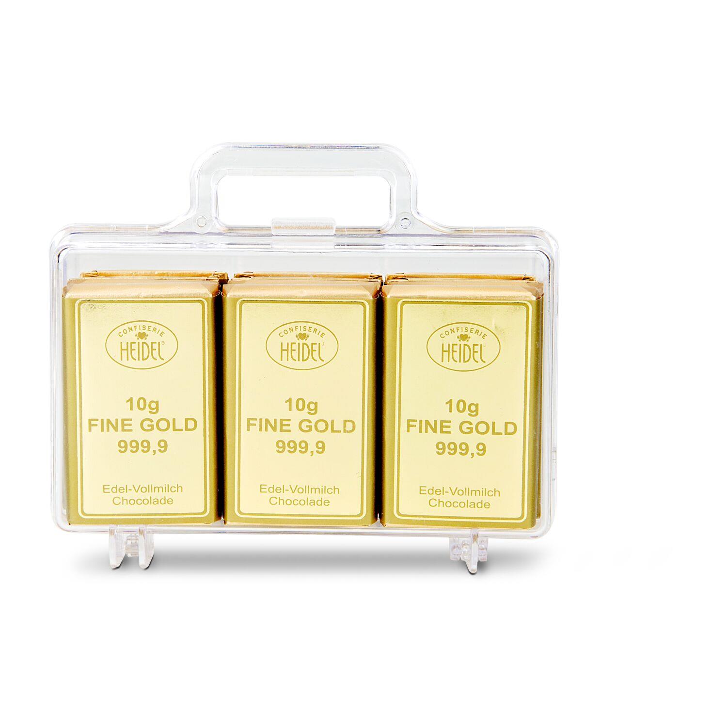 Geschenkartikel: Goldkoffer mit 12 Goldbarren, Edelvollmilch-Schokolade (120 g)