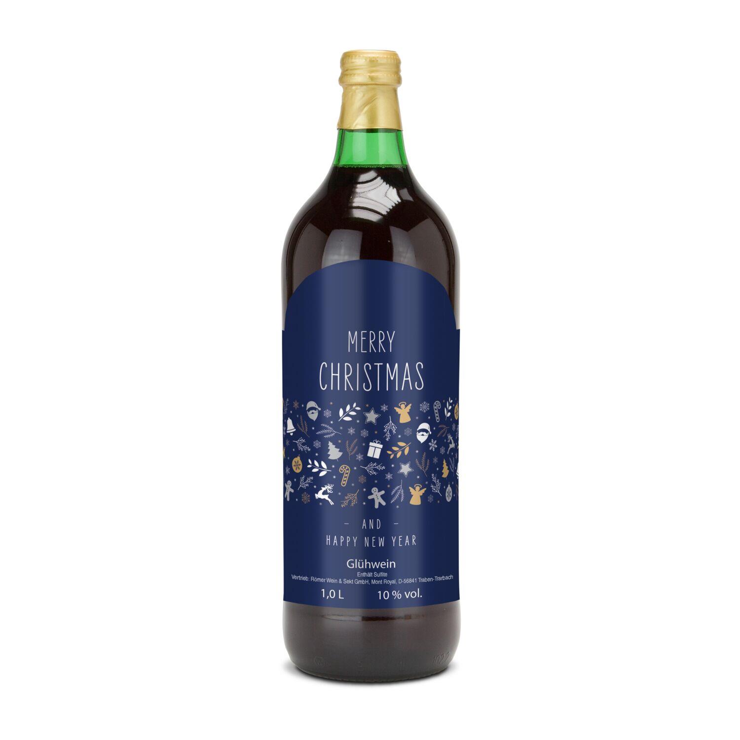 Glühwein - Flasche grün, 1 l - Motiv: Merry Christmas (blau)