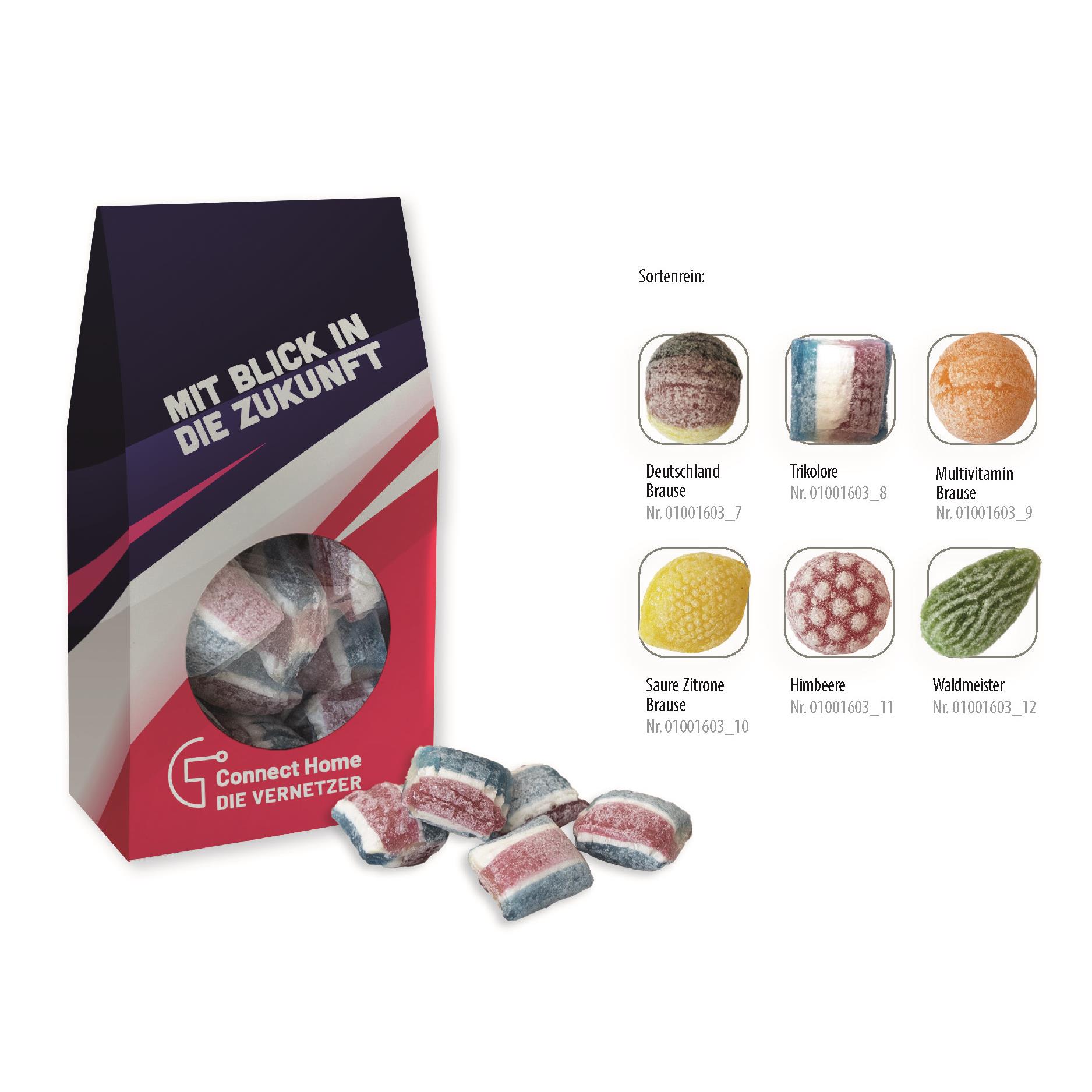 Beutelschachtel mit Bonbons,   60 g, Inhalt: Saure Zitrone Brause