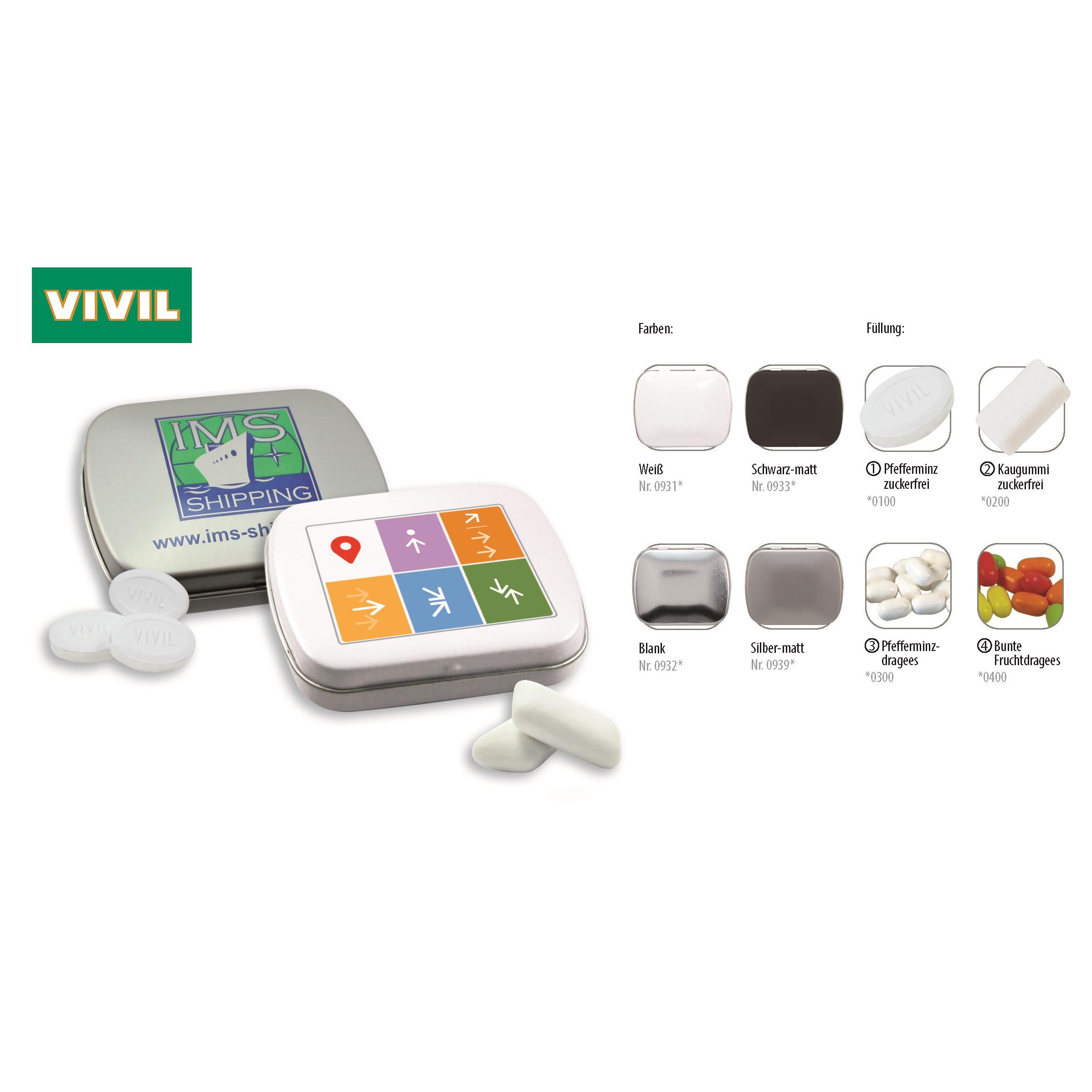 Klapp-Dose-59, schwarz-matt 20 g, Inhalt: Pfefferminzdragees (Dose)