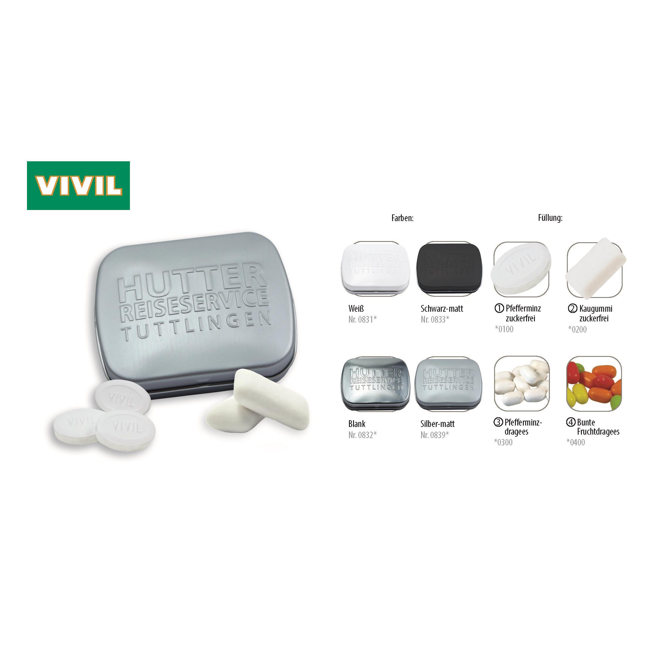 Klapp-Dose-59 geprägt, blank 20 g, Inhalt: Bunte Fruchtdragees gemischt (Dose)
