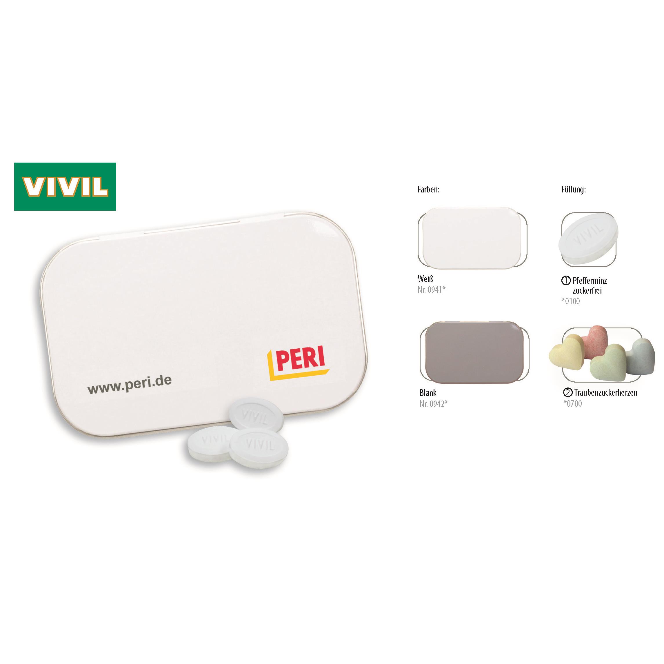 Klapp-Dose-96, blank 70 g, Inhalt: Traubenzuckerherzen bunt (Dose)