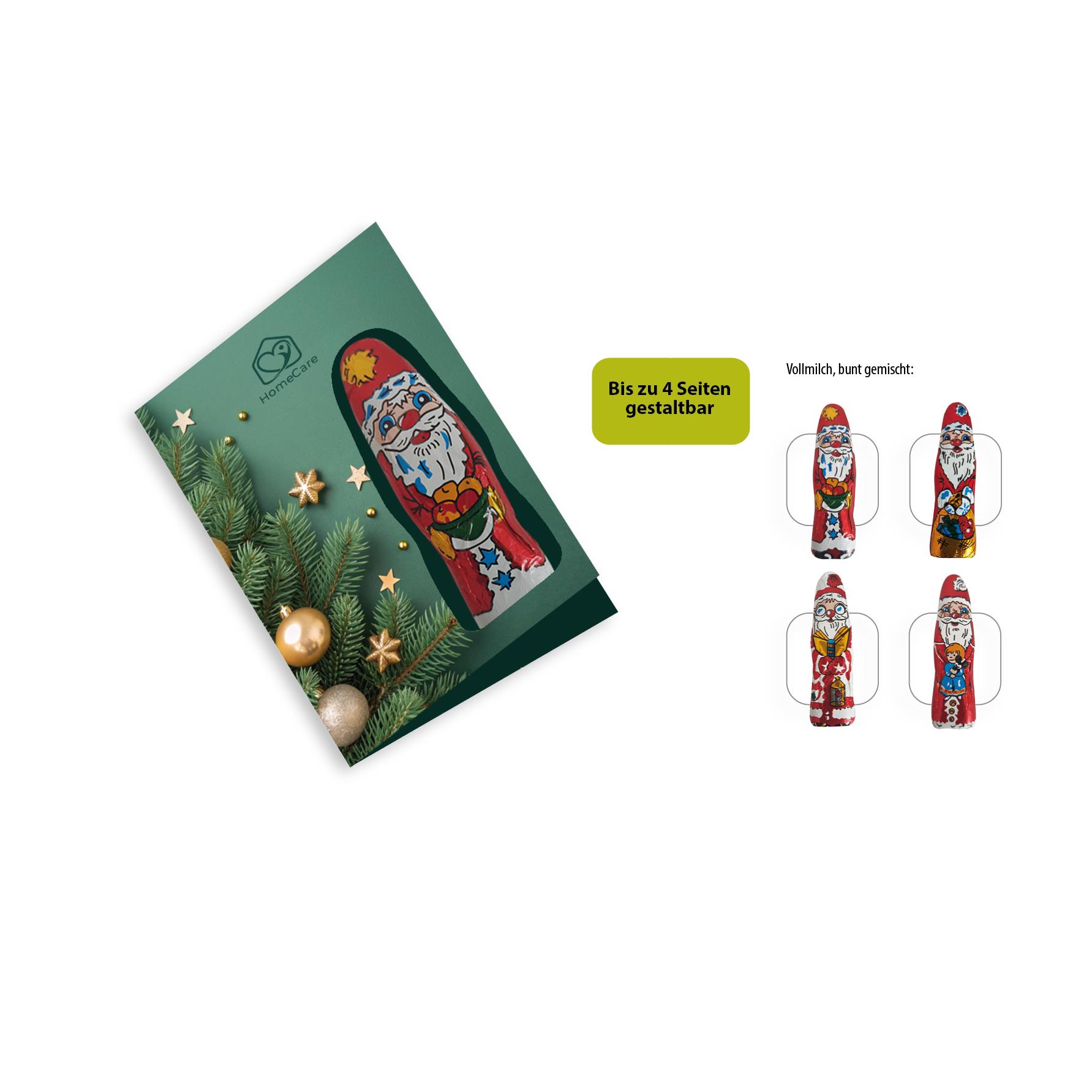 Faltkarte mit individuellem Druck - Schokofigur,   1 Stück, Inhalt: Figur aus Edel-Vollmilchschokolade (Weihnachtsmann)
