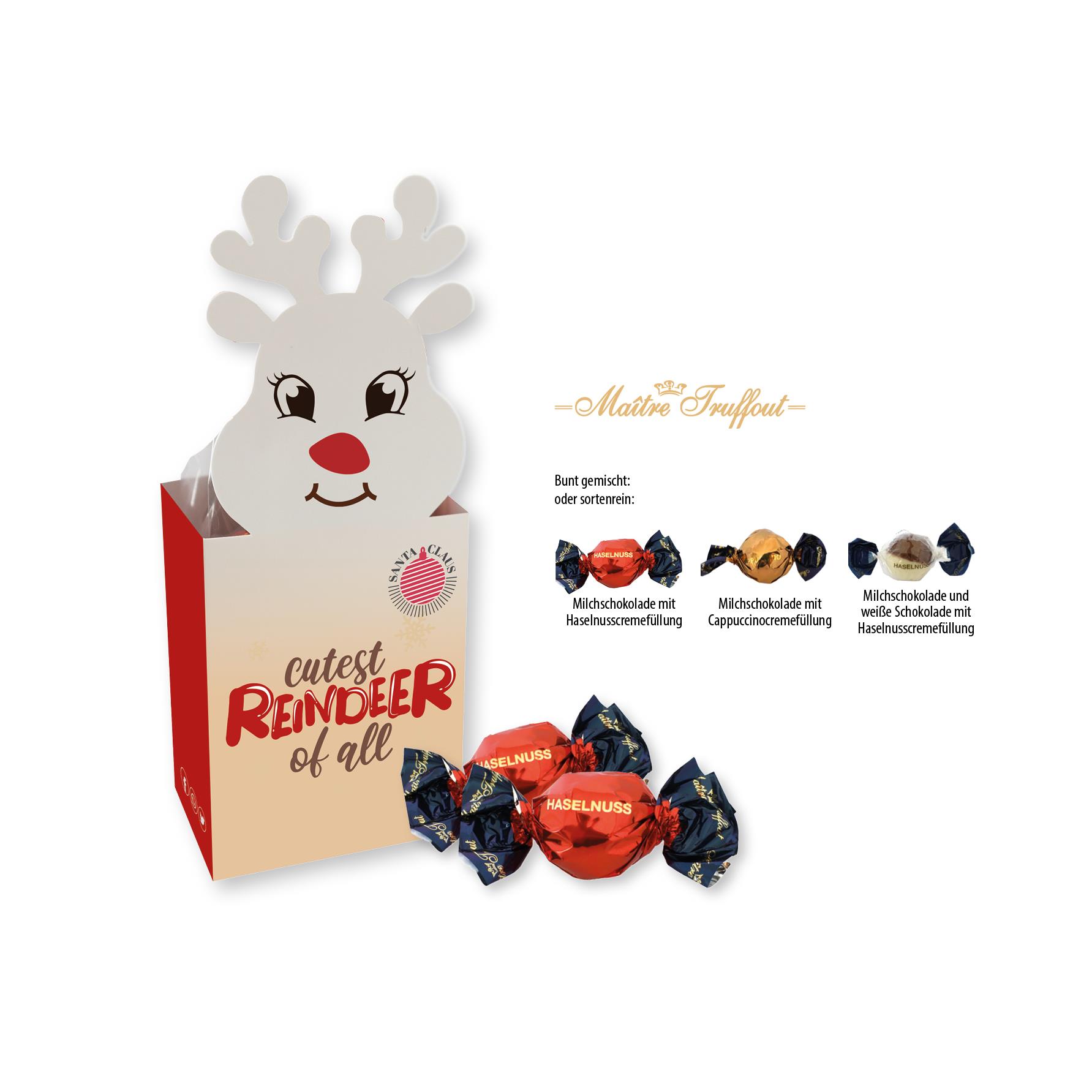 Weihnachtspralinés in Motivkartonage ´Rentier´,   5 Stück, Inhalt: Pralinen Milchschokolade und weiße Schokolade mit Haselnusscremefüllung