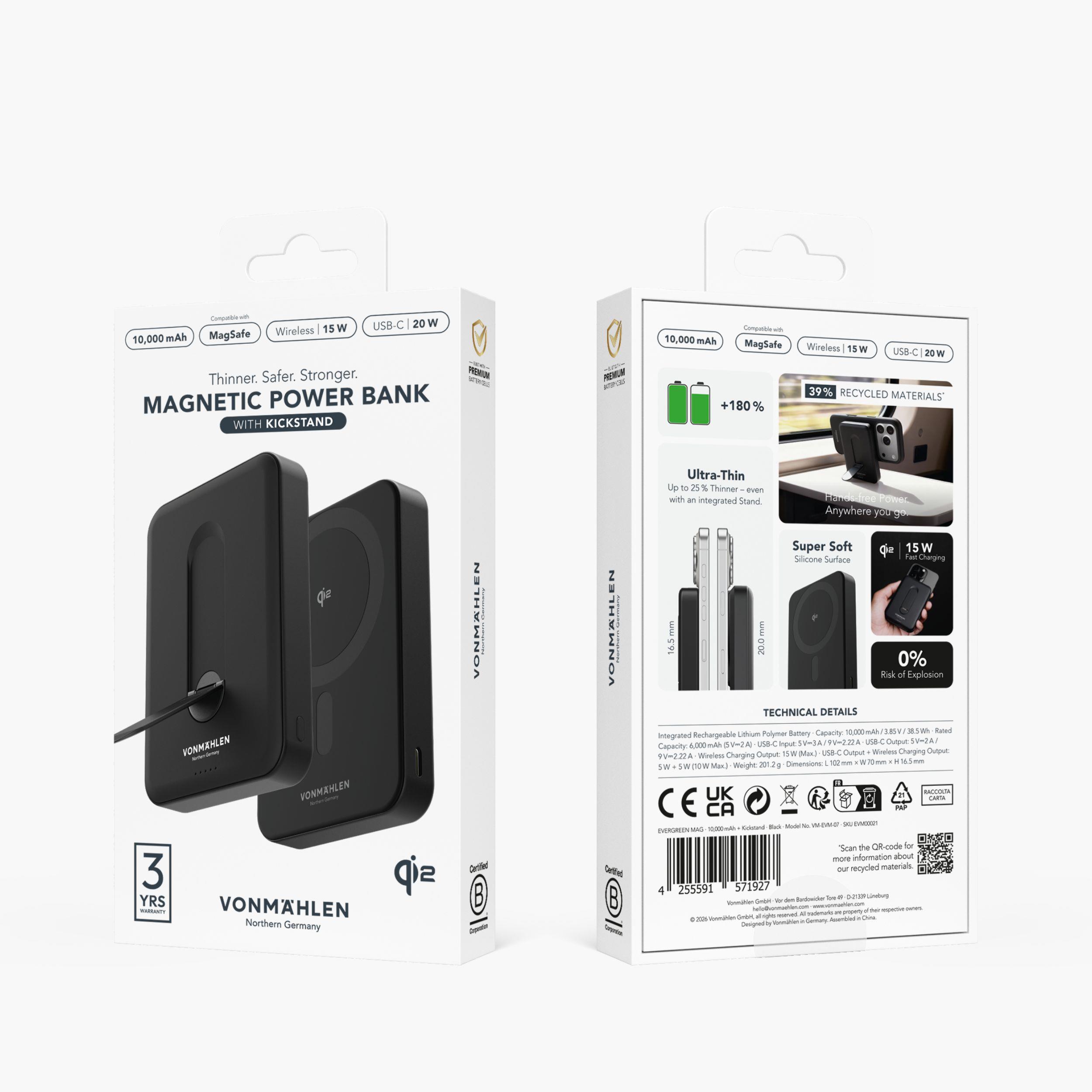 Evergreen Mag 10000 mit Kickstand - Die magnetische Powerbank mit Standfunktion - Schwarz