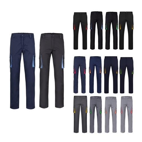 VL FIDES. Zweifarbige Stretch-Hose mit mehreren Taschen (240 g/m²), aus Baumwolle (46 %), EME (38 %) und Polyester (16 %)