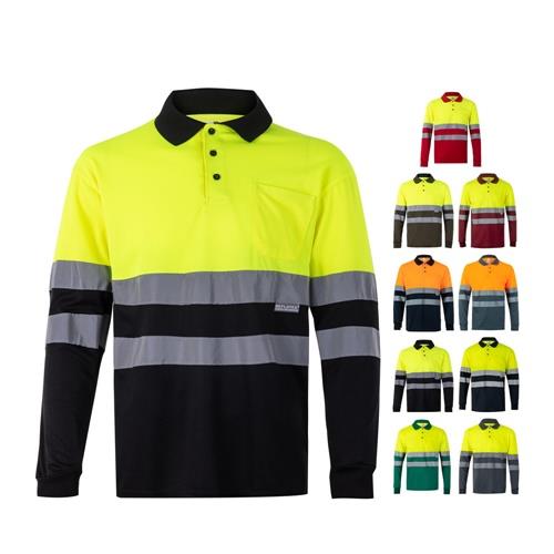 VL VULCAN. Zweifarbiges Poloshirt im Bird-Eye-Design (160g/m²) mit langen Ärmeln, aus Polyester (100%)