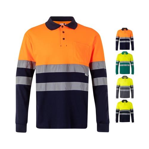 VL PLUTO. Zweifarbiges Piqué-Poloshirt (150g/m²) mit langen Ärmeln, aus Baumwolle (55%) und Polyester (45%)