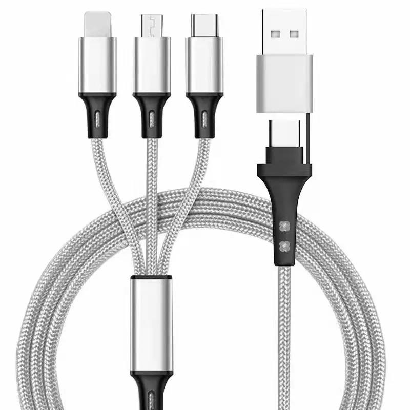 5in1 Ladekabel Nylon mit USB-A und TYP-C Kombistecker für Micro, TYP-C und Lightning 120cm Silber